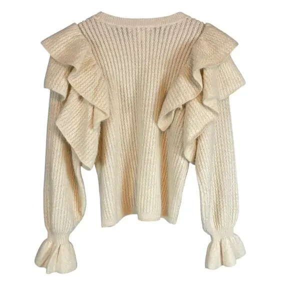 Rachel Parcell Ruffled Long Sleeve Pointelle Crew Neck Cozy Sweater Cream XL - Picture 4 of 7